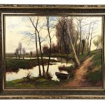 Jean Dumont. Grande huile sur toile encadrée, "Paysage à la barque" – Image 3