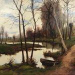 Jean Dumont. Grande huile sur toile encadrée, "Paysage à la barque" – Image 4