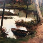 Jean Dumont. Grande huile sur toile encadrée, "Paysage à la barque" – Image 5