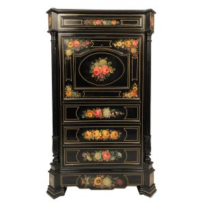 secretaire-decor-fleurs-laque-noir-xixe