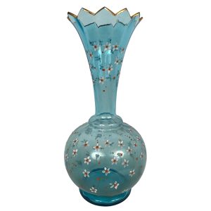 vase-verre-bleu-decor-emaille-fleurs